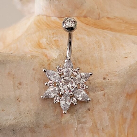 14G Flower snowflake clear gem belly ring stainless steel - Picture 1 of 7